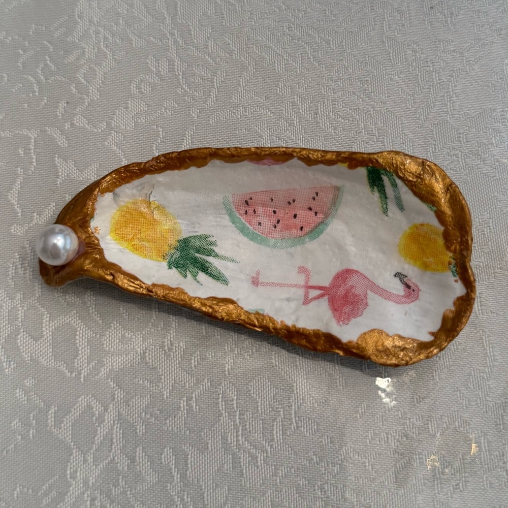 Gold and White Trinket Dish with Watermelon and Flamingo Design